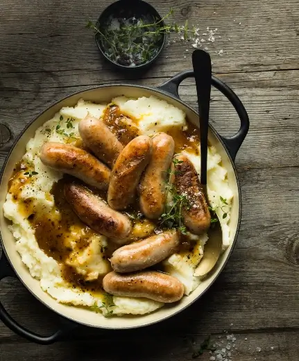Sausage and mash in port-and-truffle gravy